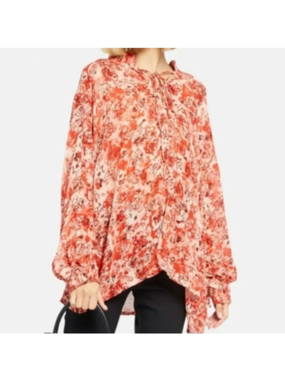 IRO Floral Oversized Lace Up Neckline Long Sleeve Blouse
